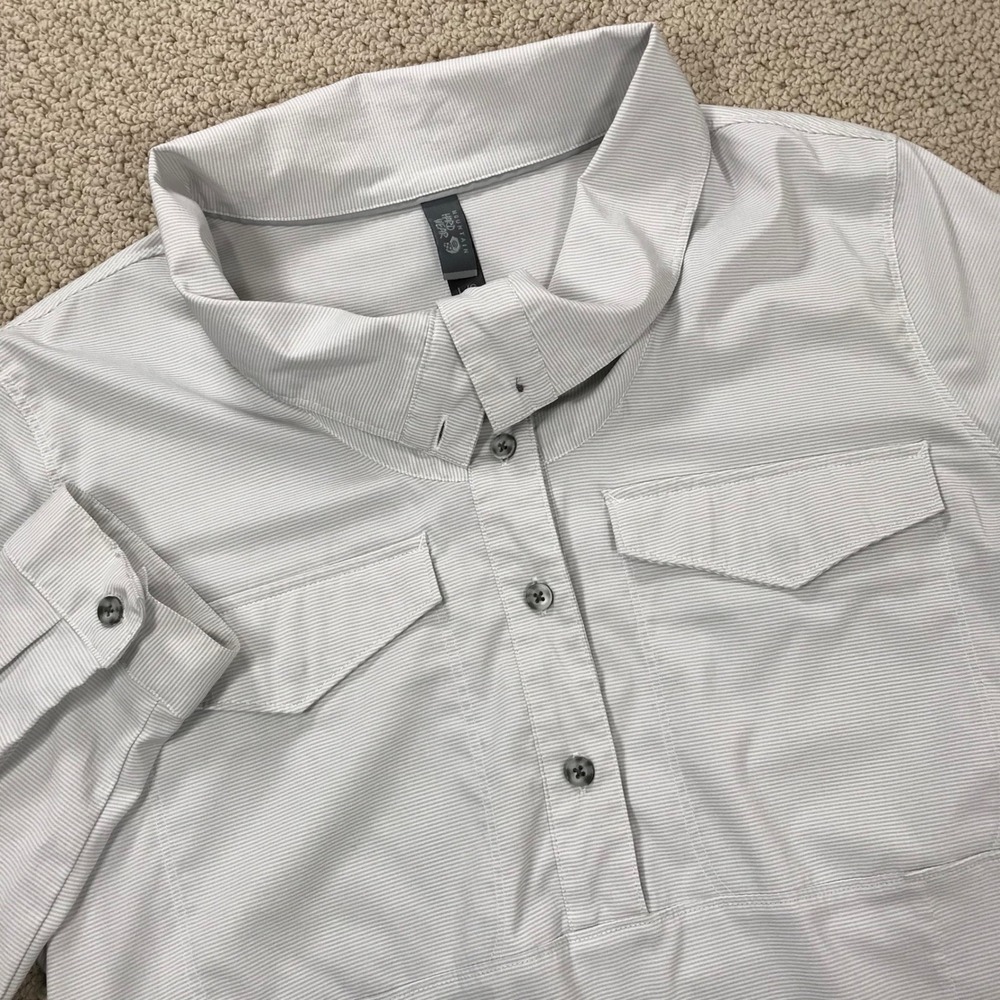 Mountain Hardwear Womens Large Grey Pinstripe Roll Tab Sleeve Pullover Shirt